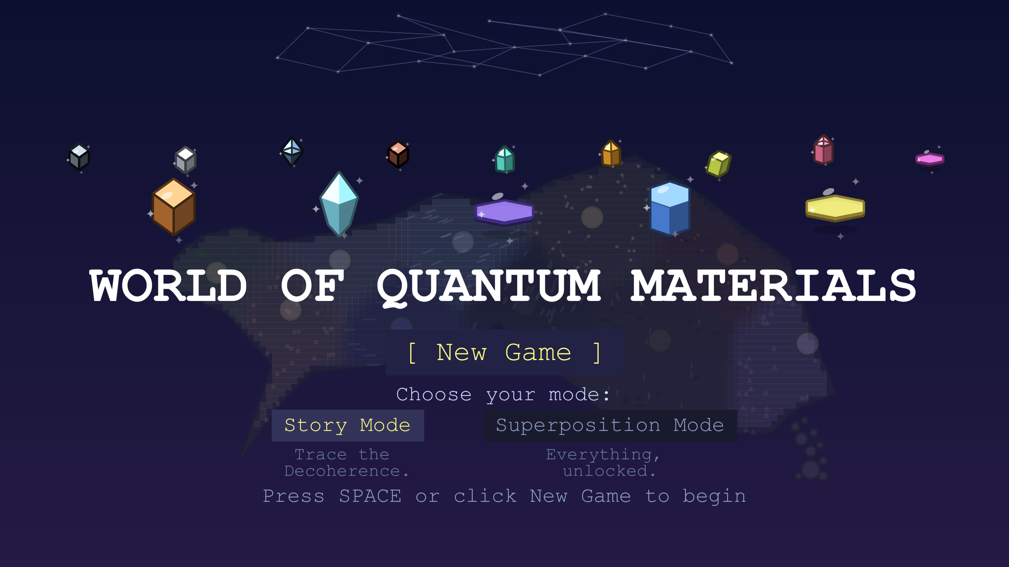 The World of Quantum Materials title screen: crystals of different phases of matter floating over a dark map, the title, and the choice between Story Mode and Superposition Mode.